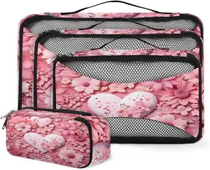 4 Set Packing Cubes for Suitcases, Travel Essentials for Carry on Luggage, Suitcase Organizers for Clothes Shoes Toiletries Travel Accessories in 4 Sizes - Heart Pink Flowers
