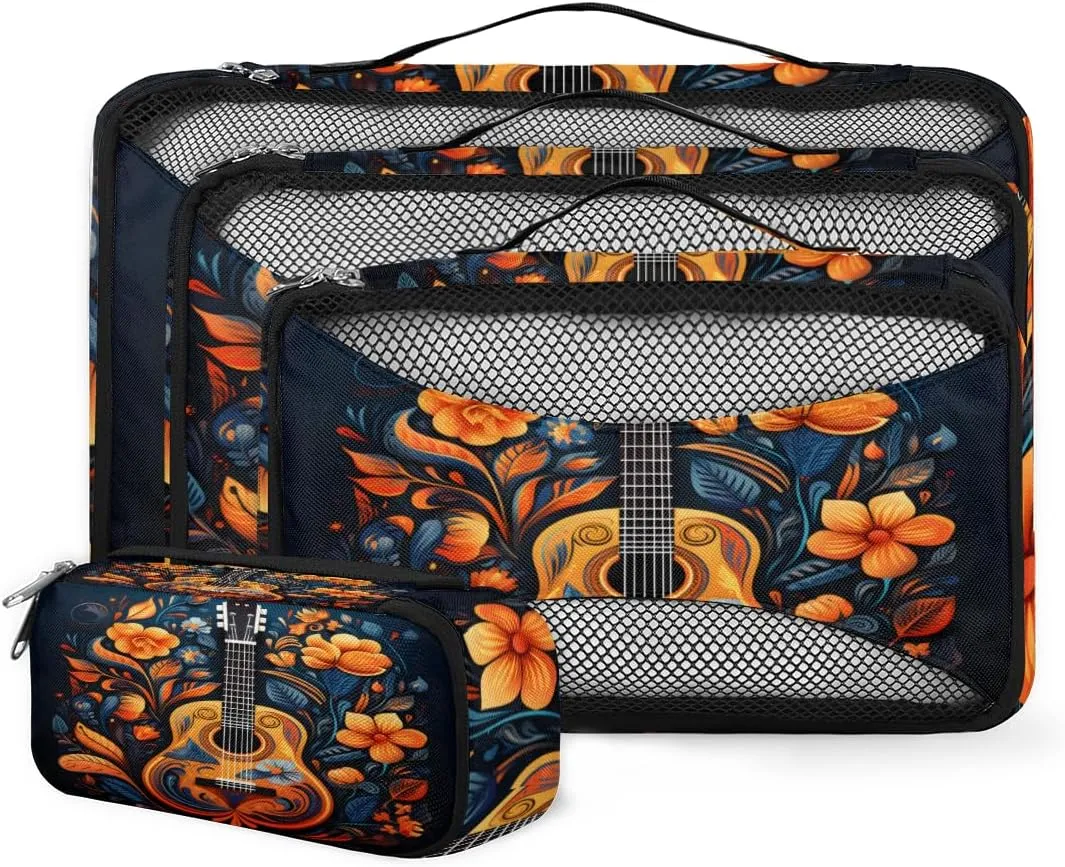 4 Set Packing Cubes for Suitcases, Travel Essentials for Carry on Luggage, Suitcase Organizers for Clothes Shoes Toiletries Travel Accessories in 4 Sizes - Mandala Guitar