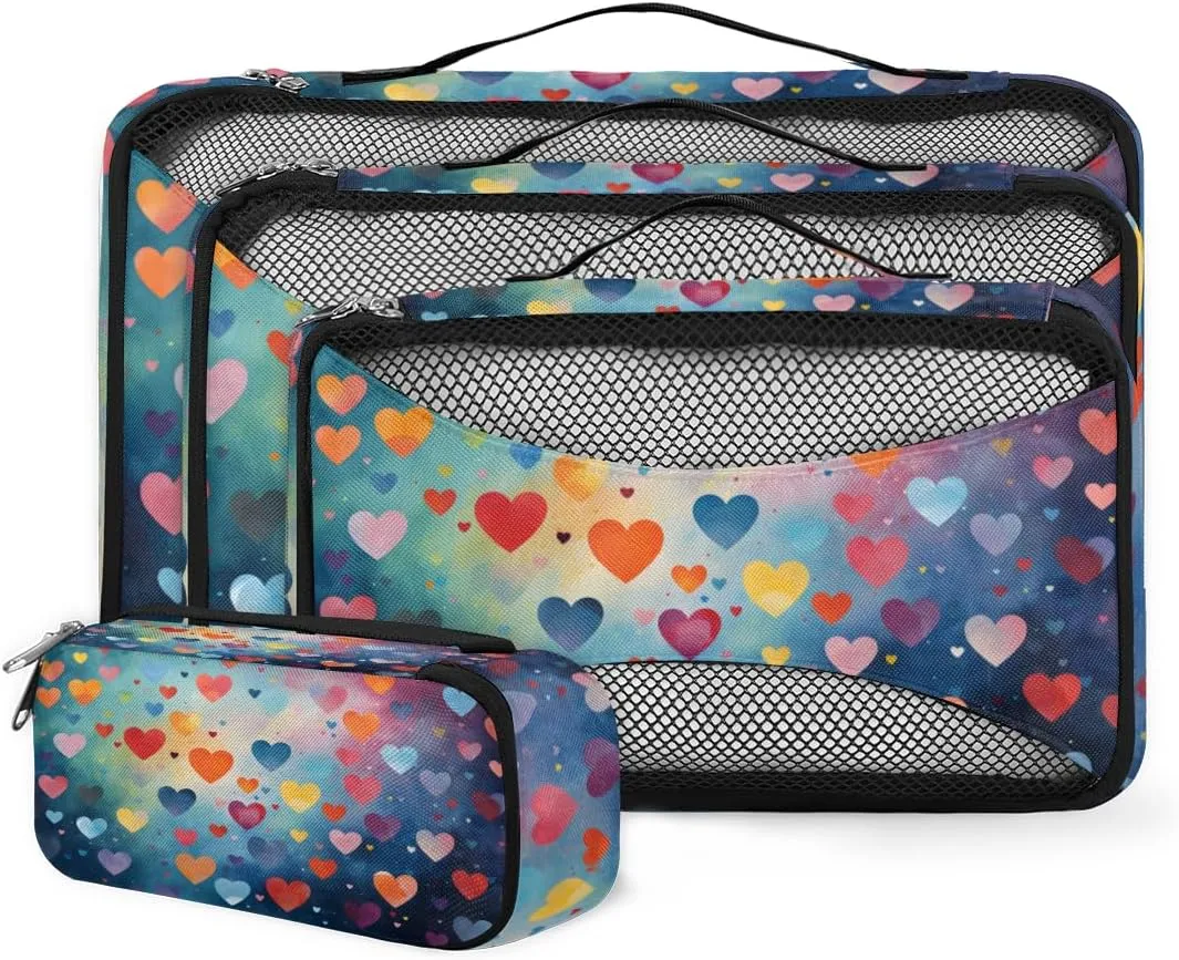 4 Set Packing Cubes for Suitcases, Travel Essentials for Carry on Luggage, Suitcase Organizers for Clothes Shoes Toiletries Travel Accessories in 4 Sizes - Orange Heart