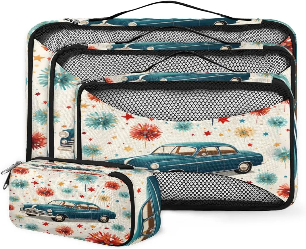 4 Set Packing Cubes for Suitcases, Travel Essentials for Carry on Luggage, Suitcase Organizers for Clothes Shoes Toiletries Travel Accessories in 4 Sizes - Retro Fireworks Truck