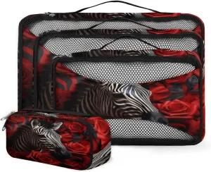 4 Set Packing Cubes for Suitcases, Travel Essentials for Carry on Luggage, Suitcase Organizers for Clothes Shoes Toiletries Travel Accessories in 4 Sizes - Rose Zebra