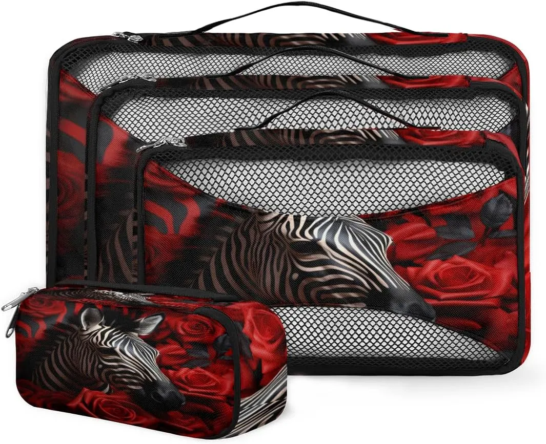 4 Set Packing Cubes for Suitcases, Travel Essentials for Carry on Luggage, Suitcase Organizers for Clothes Shoes Toiletries Travel Accessories in 4 Sizes - Rose Zebra