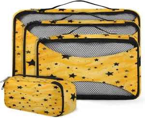 4 Set Packing Cubes for Suitcases, Travel Essentials for Carry on Luggage, Suitcase Organizers for Clothes Shoes Toiletries Travel Accessories in 4 Sizes - Watercolor Black star