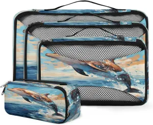 4 Set Packing Cubes for Suitcases, Travel Essentials for Carry on Luggage, Suitcase Organizers for Clothes Shoes Toiletries Travel Accessories in 4 Sizes - Watercolor Dolphin