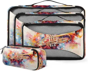 4 Set Packing Cubes for Suitcases, Travel Essentials for Carry on Luggage, Suitcase Organizers for Clothes Shoes Toiletries Travel Accessories in 4 Sizes - Watercolor Trumpet