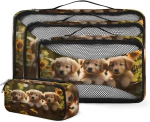 4 Set Packing Cubes for Suitcases, Travel Essentials for Carry on Luggage, Sunflowers Suitcase Organizers for Clothes Shoes Toiletries Travel Accessories in 4 Sizes - Cute Puppy