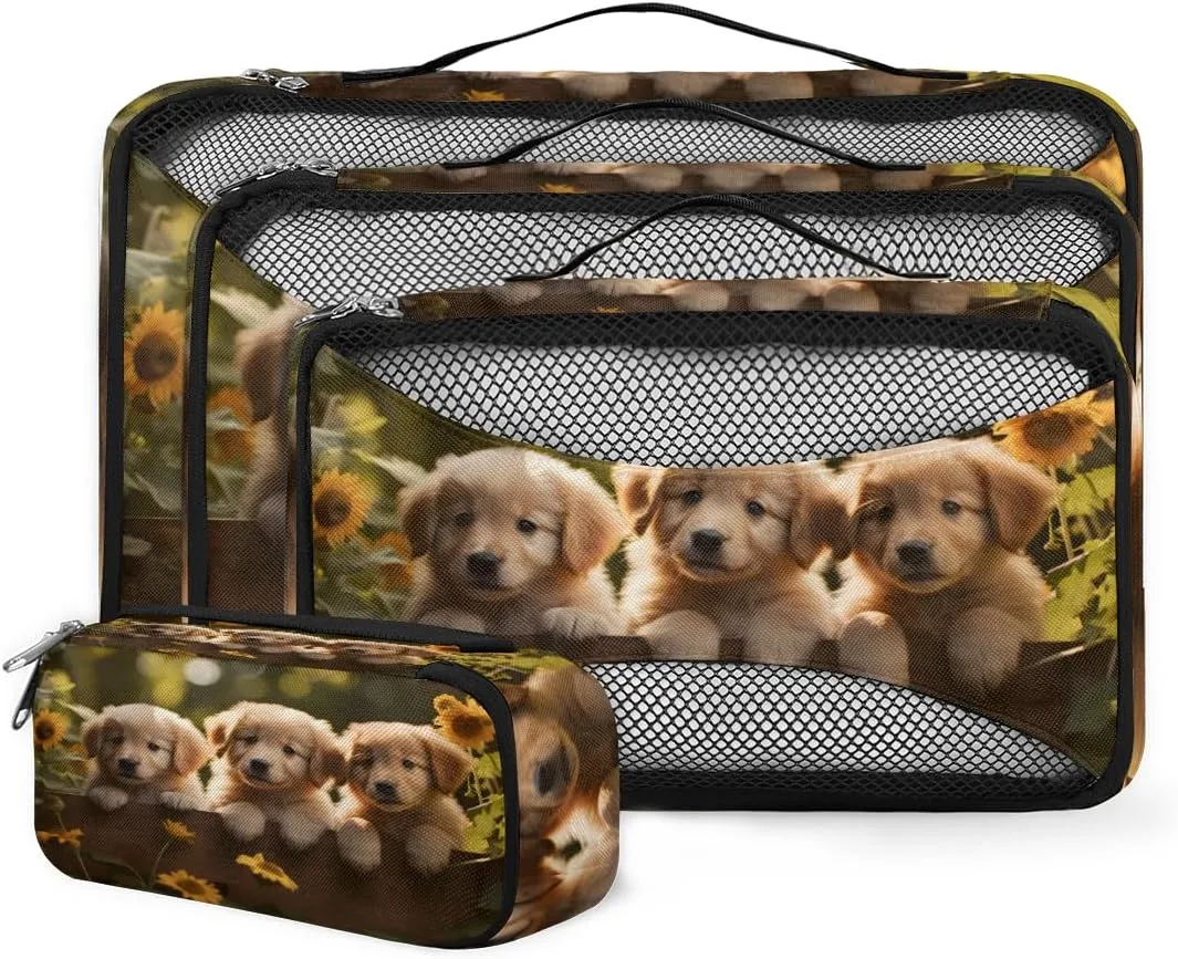 4 Set Packing Cubes for Suitcases, Travel Essentials for Carry on Luggage, Sunflowers Suitcase Organizers for Clothes Shoes Toiletries Travel Accessories in 4 Sizes - Cute Puppy