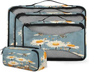 4 Set Packing Cubes for Suitcases, Travel Essentials for Carry on Luggage, Sunflowers Suitcase Organizers for Clothes Shoes Toiletries Travel Accessories in 4 Sizes - Flowers Bee