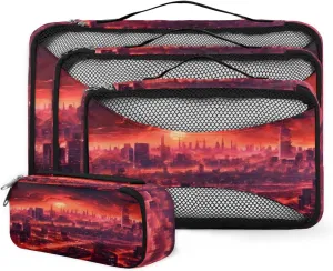 4 Set Packing Cubes for Suitcases, Travel Essentials for Carry on Luggage, Sunset City Suitcase Organizers for Clothes Shoes Toiletries Travel Accessories in 4 Sizes - Modern City
