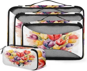 4 Set Packing Cubes for Suitcases, Travel Essentials for Carry on Luggage, Tulips Heart Suitcase Organizers for Clothes Shoes Toiletries Travel Accessories in 4 Sizes - Colorful Tulips