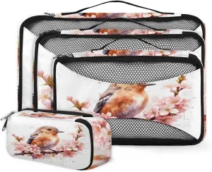 4 Set Packing Cubes for Suitcases, Travel Essentials for Carry on Luggage, Watercolor Bird Suitcase Organizers for Clothes Shoes Toiletries Travel Accessories in 4 Sizes - Colorful Bird
