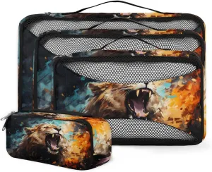 4 Set Packing Cubes for Suitcases, Travel Essentials for Carry on Luggage, Watercolor Lion Suitcase Organizers for Clothes Shoes Toiletries Travel Accessories in 4 Sizes - Angry Lion