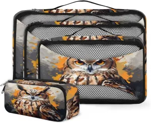 4 Set Packing Cubes for Suitcases, Travel Essentials for Carry on Luggage, Watercolor Owl Suitcase Organizers for Clothes Shoes Toiletries Travel Accessories in 4 Sizes - Abstract Owl