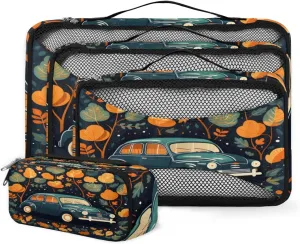 4 Set Packing Cubes for Suitcases, Travel Essentials for Carry on Luggage, Watercolor Truck Suitcase Organizers for Clothes Shoes Toiletries Travel Accessories in 4 Sizes - Autumn Truck