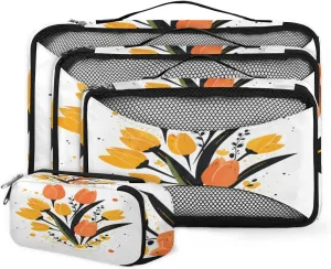4 Set Packing Cubes for Suitcases, Travel Essentials for Carry on Luggage, Watercolor Tulips Suitcase Organizers for Clothes Shoes Toiletries Travel Accessories in 4 Sizes - Abstract Tulips