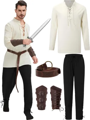 5 Pcs Men's Renaissance Costume Viking Costume Medieval Pirate Vintage Shirt Ankle Banded Pants Accessories Set