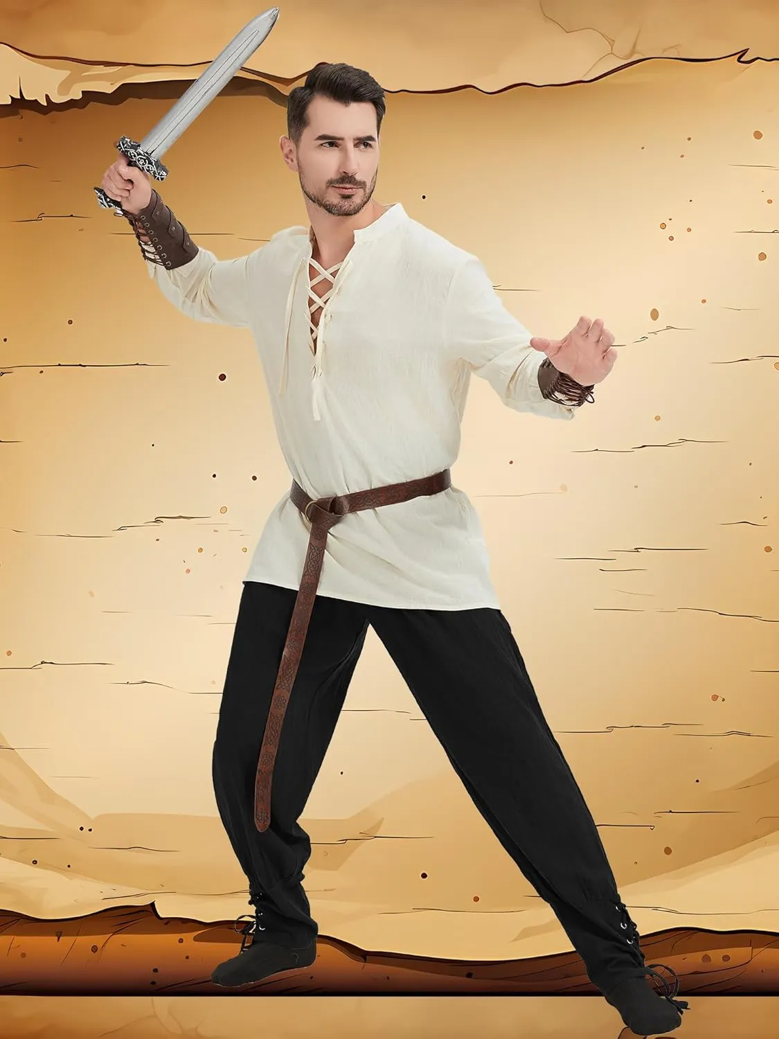 5 Pcs Men's Renaissance Costume Viking Costume Medieval Pirate Vintage Shirt Ankle Banded Pants Accessories Set