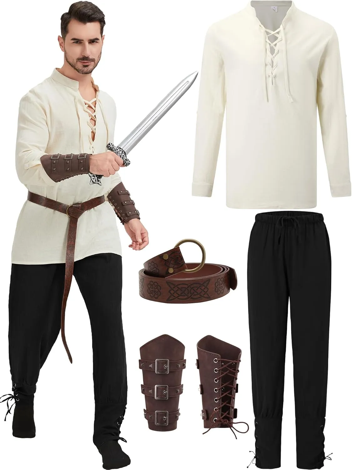 5 Pcs Men's Renaissance Costume Viking Costume Medieval Pirate Vintage Shirt Ankle Banded Pants Accessories Set