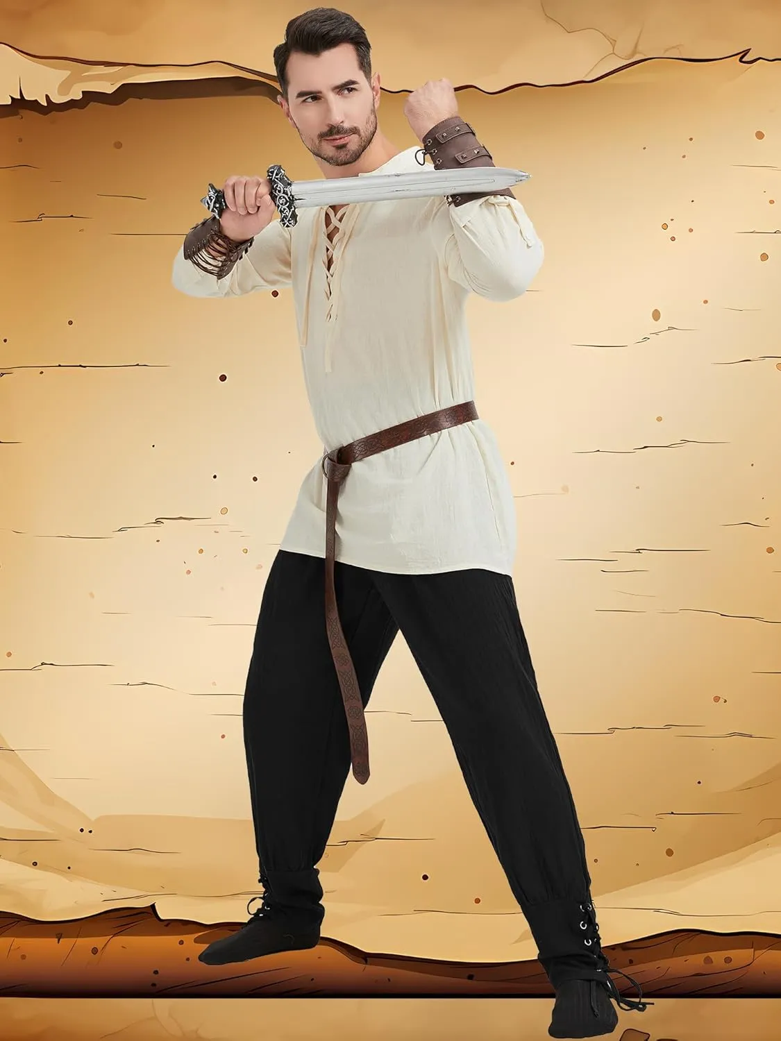 5 Pcs Men's Renaissance Costume Viking Costume Medieval Pirate Vintage Shirt Ankle Banded Pants Accessories Set