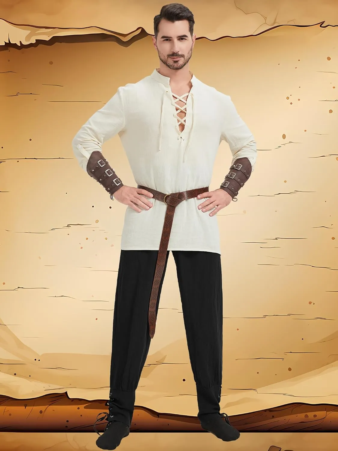 5 Pcs Men's Renaissance Costume Viking Costume Medieval Pirate Vintage Shirt Ankle Banded Pants Accessories Set