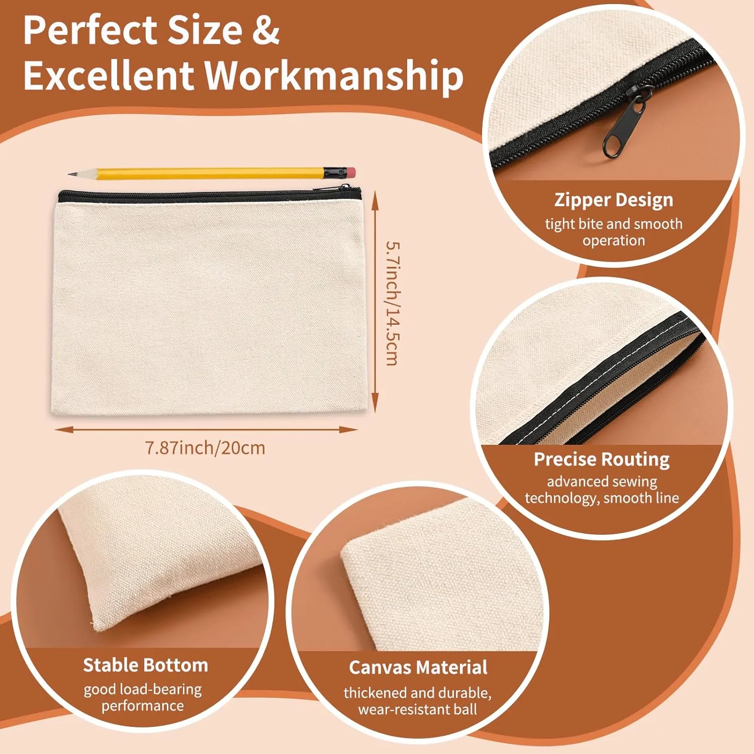 50Pcs Canvas Makeup Bags Bulk, 7.87 x 5.7 Inch Cotton Sublimation Blank DIY Heat Transfer Cosmetic Bag w/Colorful Zipper for Bridesmaid Makeup Bag Travel Toiletry Pouch Storage, Ivory