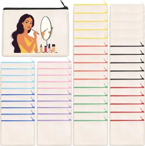 50Pcs Canvas Makeup Bags Bulk, 7.87 x 5.7 Inch Cotton Sublimation Blank DIY Heat Transfer Cosmetic Bag w/Colorful Zipper for Bridesmaid Makeup Bag Travel Toiletry Pouch Storage, Ivory