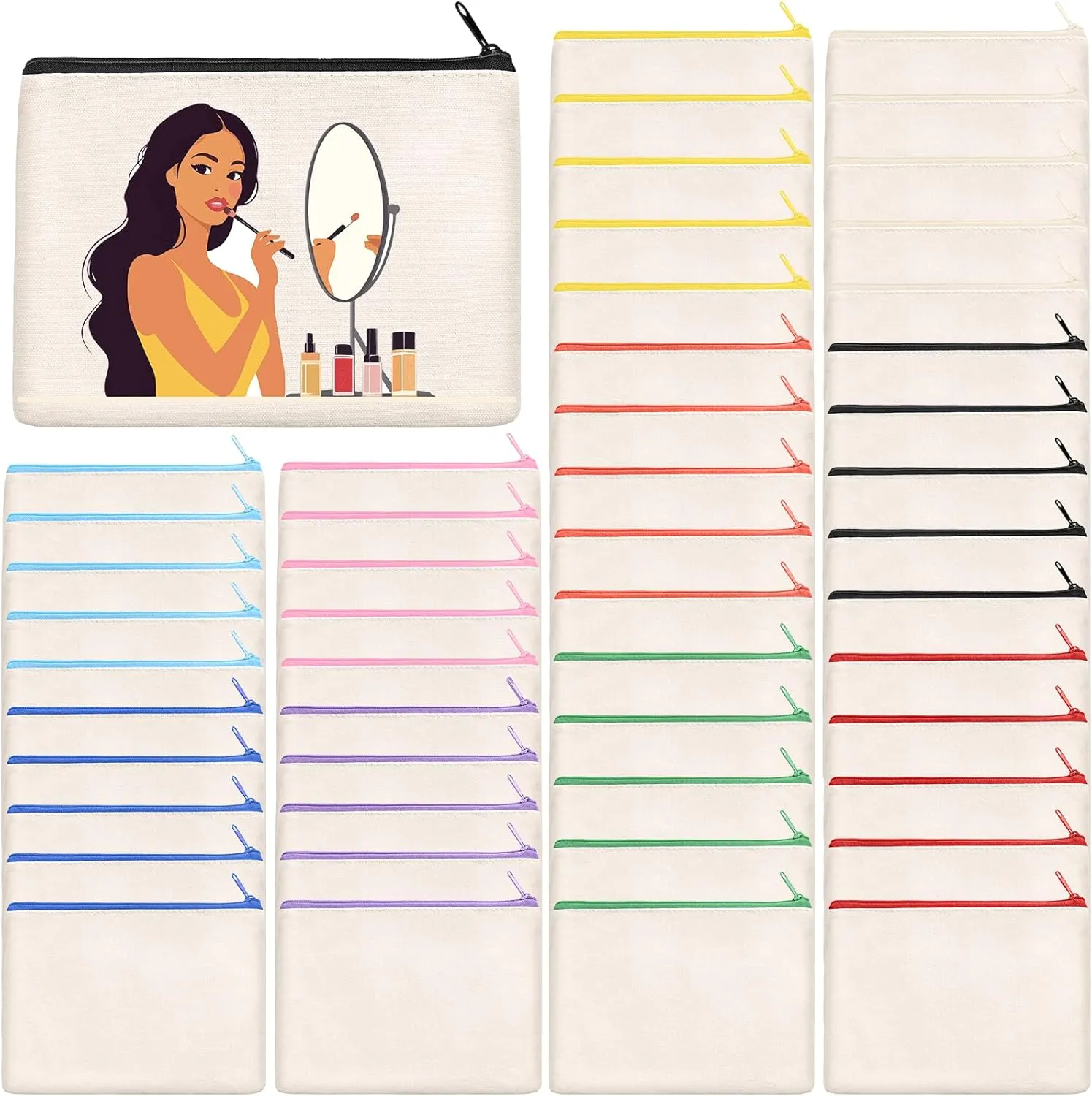 50Pcs Canvas Makeup Bags Bulk, 7.87 x 5.7 Inch Cotton Sublimation Blank DIY Heat Transfer Cosmetic Bag w/Colorful Zipper for Bridesmaid Makeup Bag Travel Toiletry Pouch Storage, Ivory