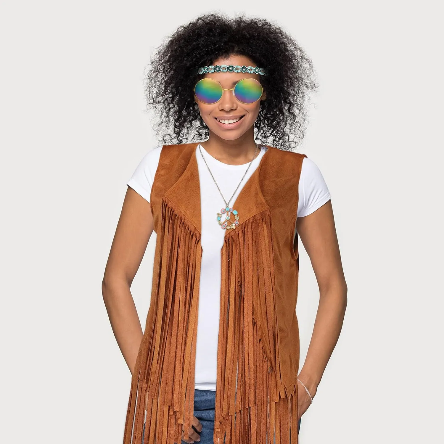 6 Pcs 60s 70s Outfits for Women Hippie Costume Accessories Fringe Vest Sunglasses Necklaces Earring Headband
