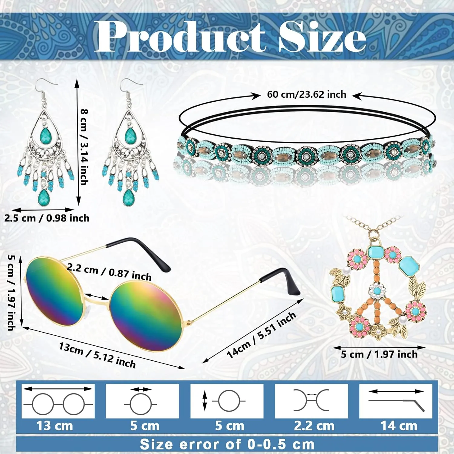 6 Pcs 60s 70s Outfits for Women Hippie Costume Accessories Fringe Vest Sunglasses Necklaces Earring Headband