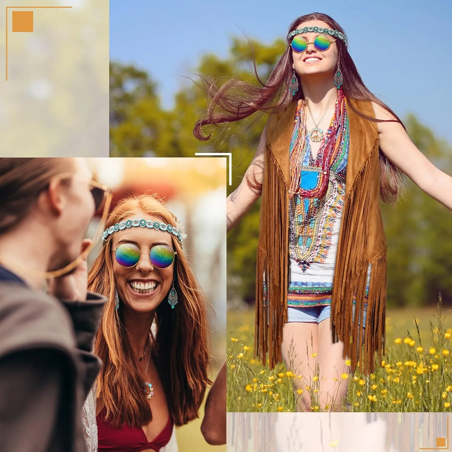 6 Pcs 60s 70s Outfits for Women Hippie Costume Accessories Fringe Vest Sunglasses Necklaces Earring Headband
