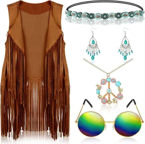 6 Pcs 60s 70s Outfits for Women Hippie Costume Accessories Fringe Vest Sunglasses Necklaces Earring Headband