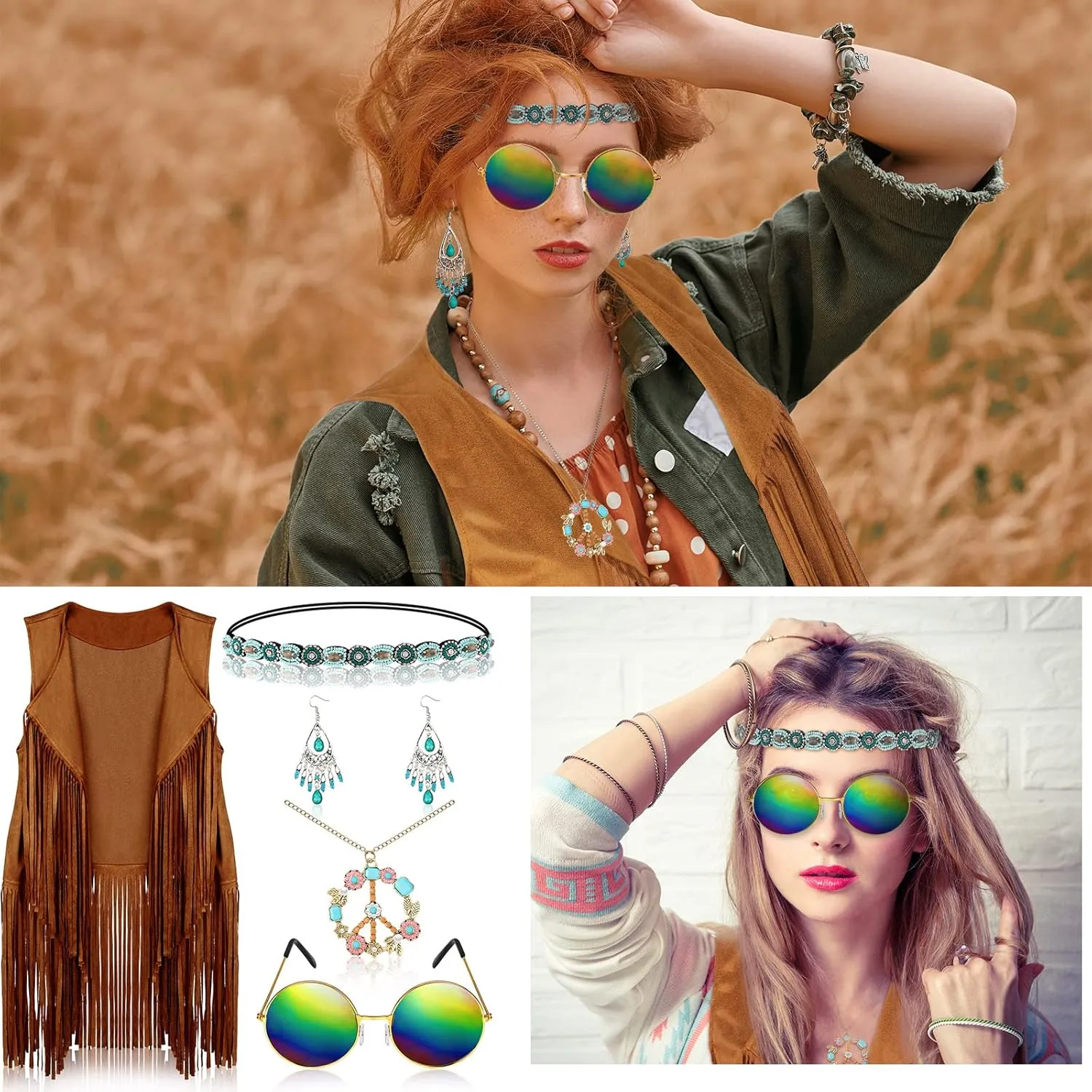 6 Pcs 60s 70s Outfits for Women Hippie Costume Accessories Fringe Vest Sunglasses Necklaces Earring Headband