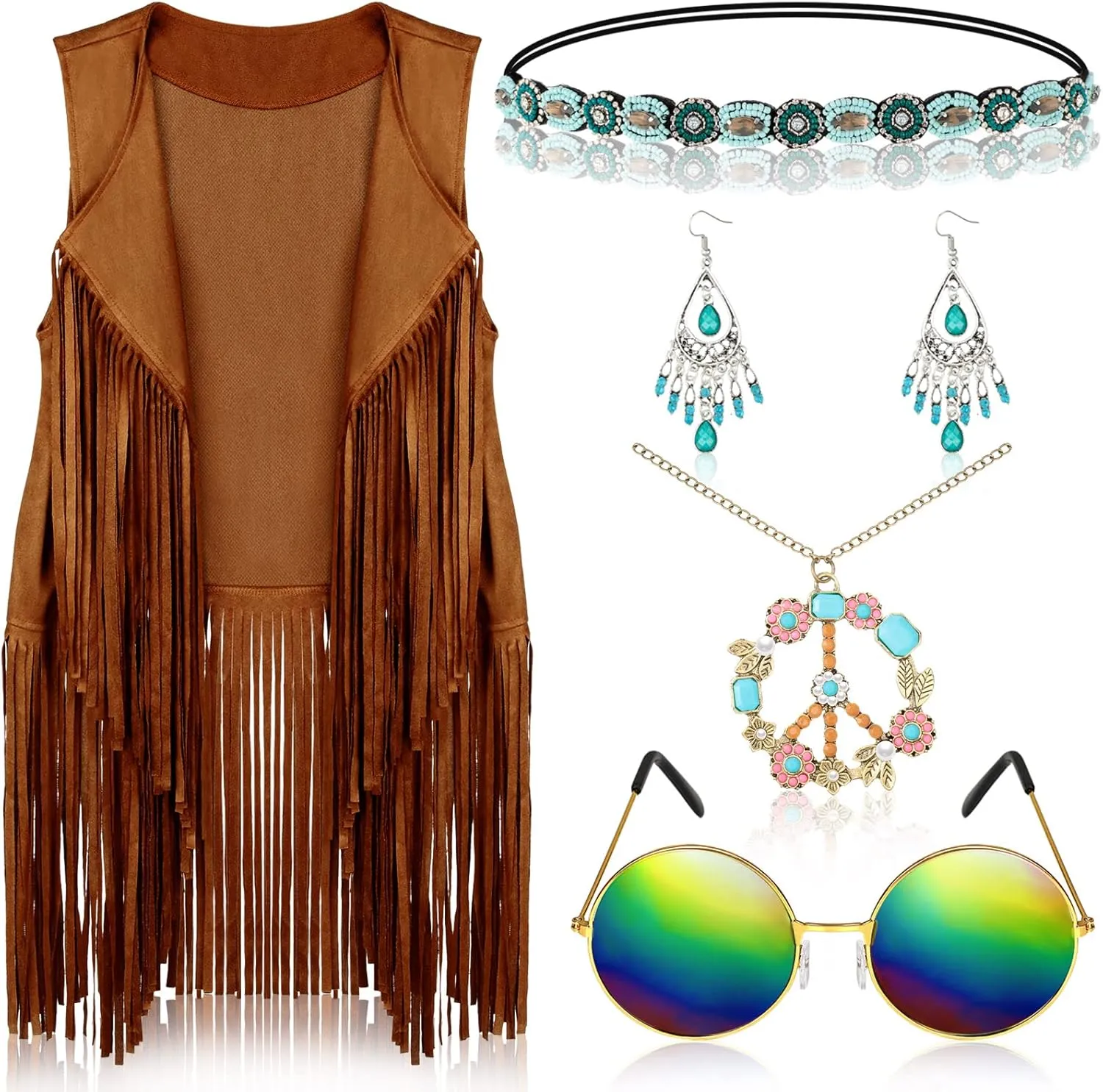 6 Pcs 60s 70s Outfits for Women Hippie Costume Accessories Fringe Vest Sunglasses Necklaces Earring Headband