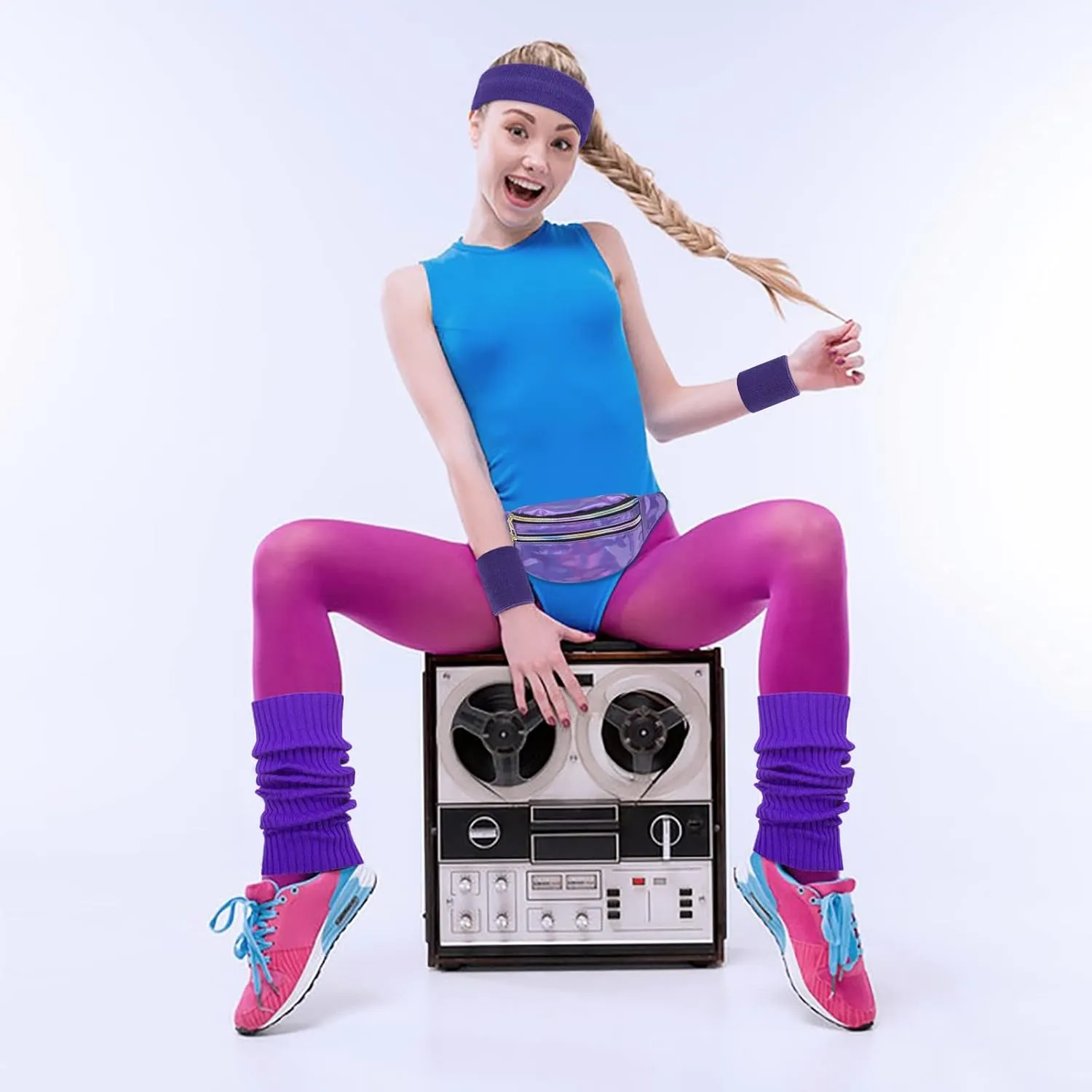 80s Accessories for Women, Leg Warmers 80s Costumes Workout Outfit Holographic Fanny Pack Neon Headband Wristbands