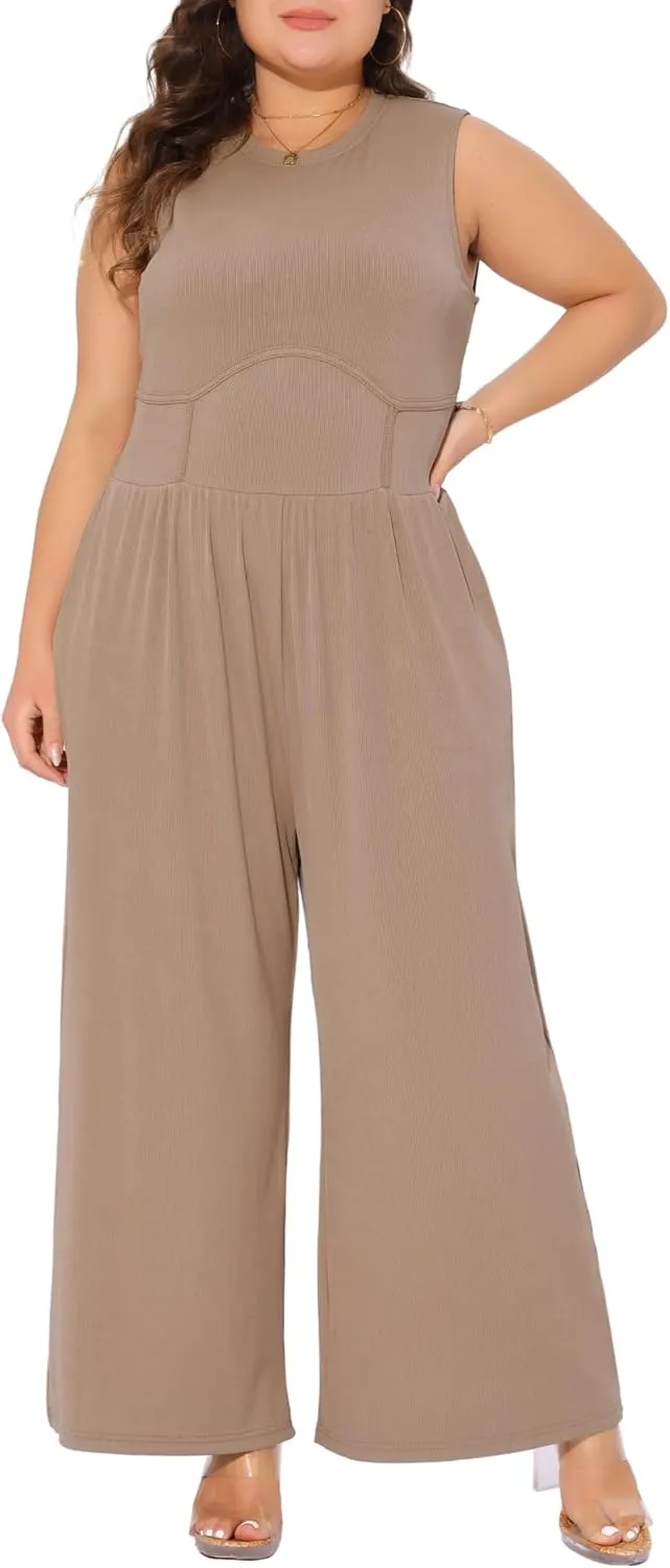 Agnes Orinda Plus Size Jumpsuit for Women Sleeveless Crew Neck Overalls Dressy Wide Leg with Pocket Rompers Summer