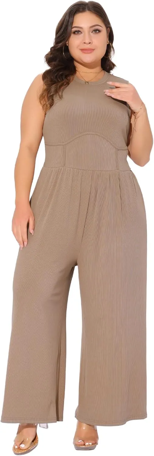 Agnes Orinda Plus Size Jumpsuit for Women Sleeveless Crew Neck Overalls Dressy Wide Leg with Pocket Rompers Summer