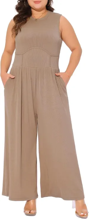Agnes Orinda Plus Size Jumpsuit for Women Sleeveless Crew Neck Overalls Dressy Wide Leg with Pocket Rompers Summer