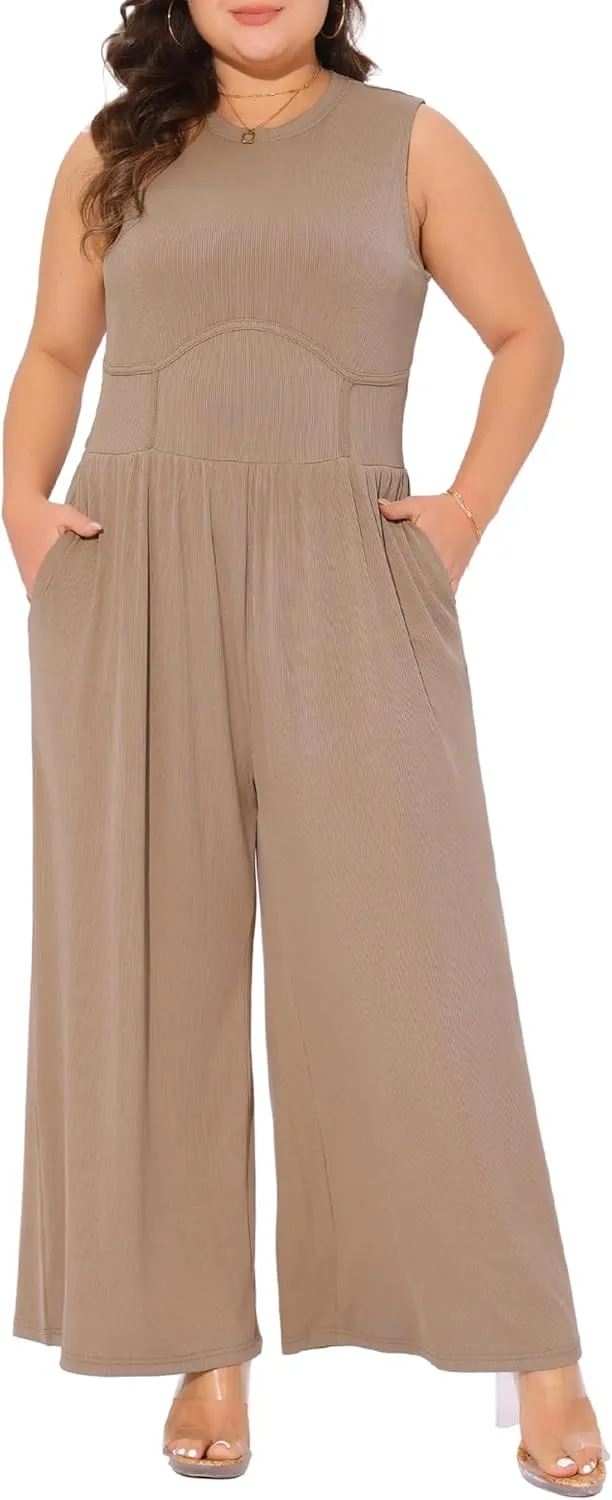 Agnes Orinda Plus Size Jumpsuit for Women Sleeveless Crew Neck Overalls Dressy Wide Leg with Pocket Rompers Summer