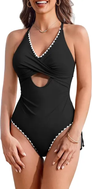 AI'MAGE Women One Piece Swimsuit 2025 Tummy Control Cutout Bathing Suit Wrap Tie Back Swimwear Shell Stitched