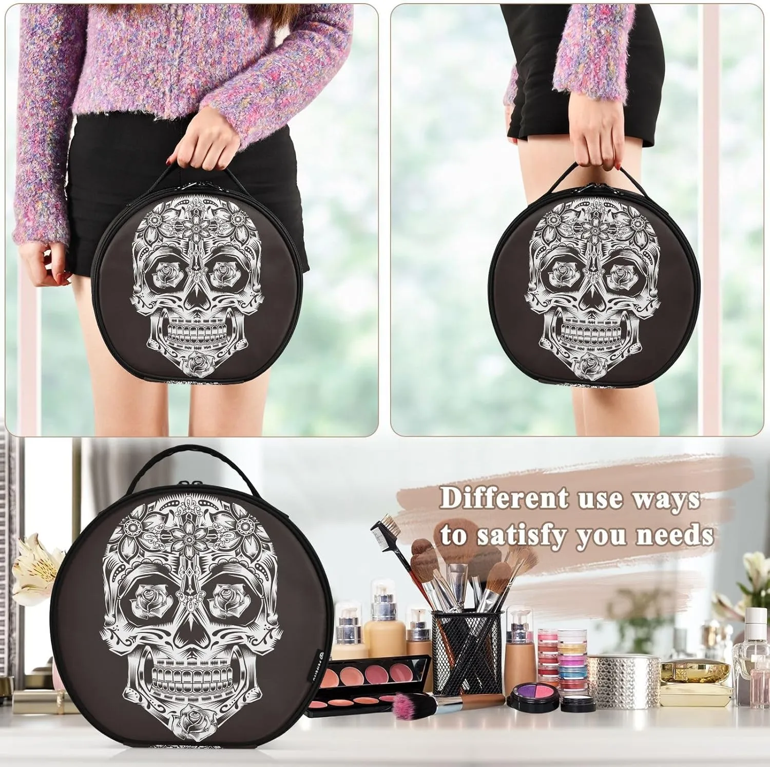 ALAZA Skull Flowers Travel Make Up Organizer Cosmetic Brush Bags Case