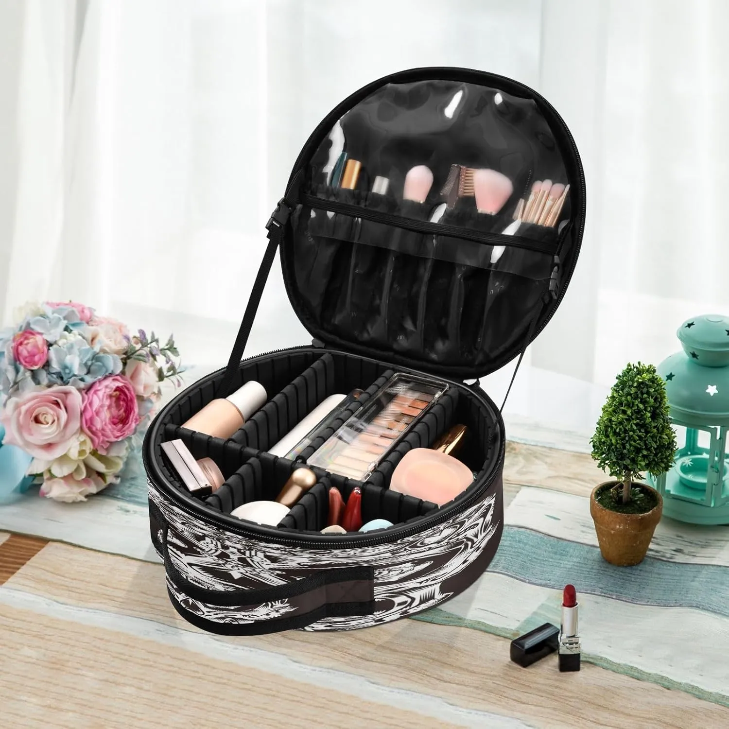 ALAZA Skull Flowers Travel Make Up Organizer Cosmetic Brush Bags Case