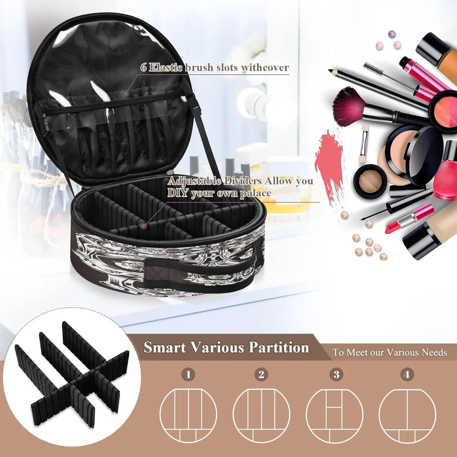 ALAZA Skull Flowers Travel Make Up Organizer Cosmetic Brush Bags Case