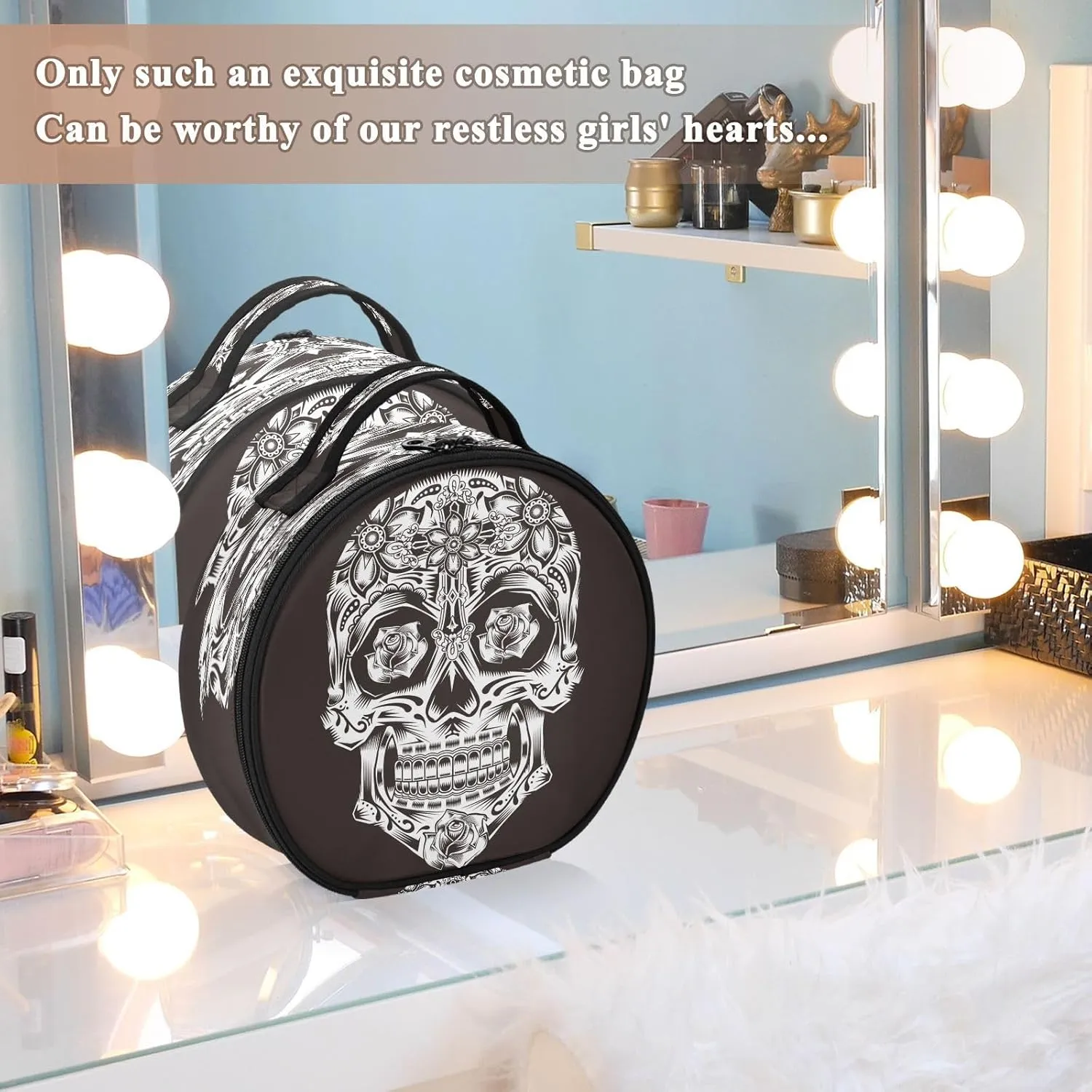 ALAZA Skull Flowers Travel Make Up Organizer Cosmetic Brush Bags Case