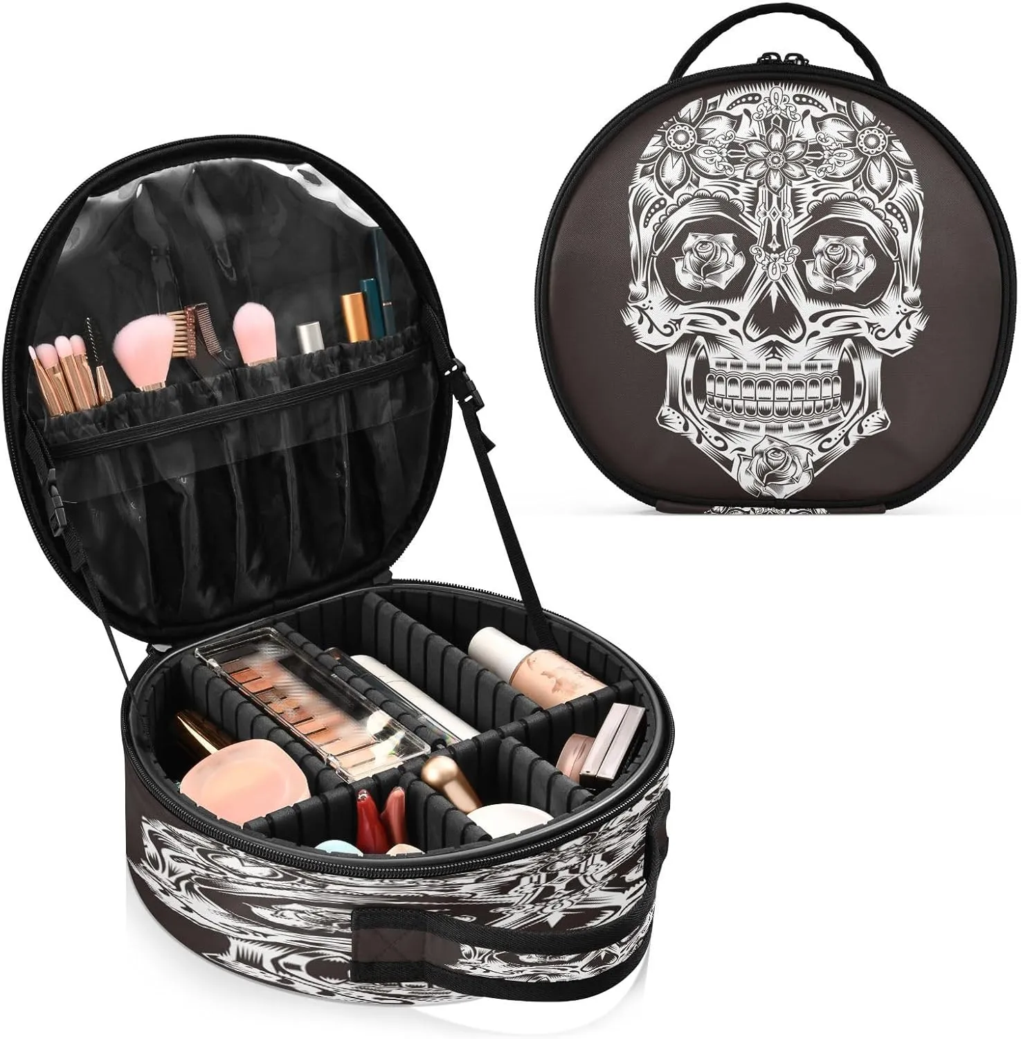 ALAZA Skull Flowers Travel Make Up Organizer Cosmetic Brush Bags Case