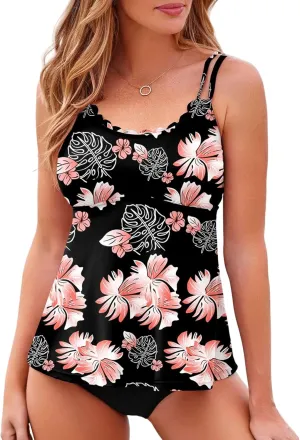 Aleumdr Women's Tankini Bathing Suit 2 Piece Tummy Control Swimsuit Scallop Trim Tankini Top with Bottom