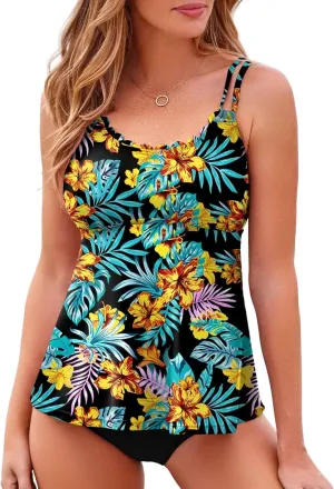 Aleumdr Women's Tankini Bathing Suit 2 Piece Tummy Control Swimsuit Scallop Trim Tankini Top with Bottom