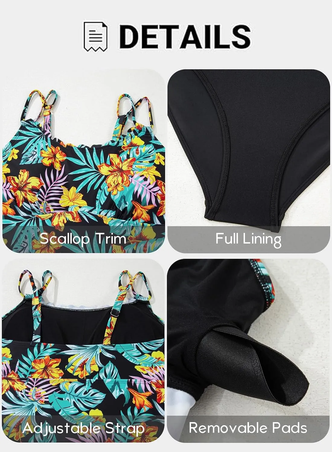 Aleumdr Women's Tankini Bathing Suit 2 Piece Tummy Control Swimsuit Scallop Trim Tankini Top with Bottom