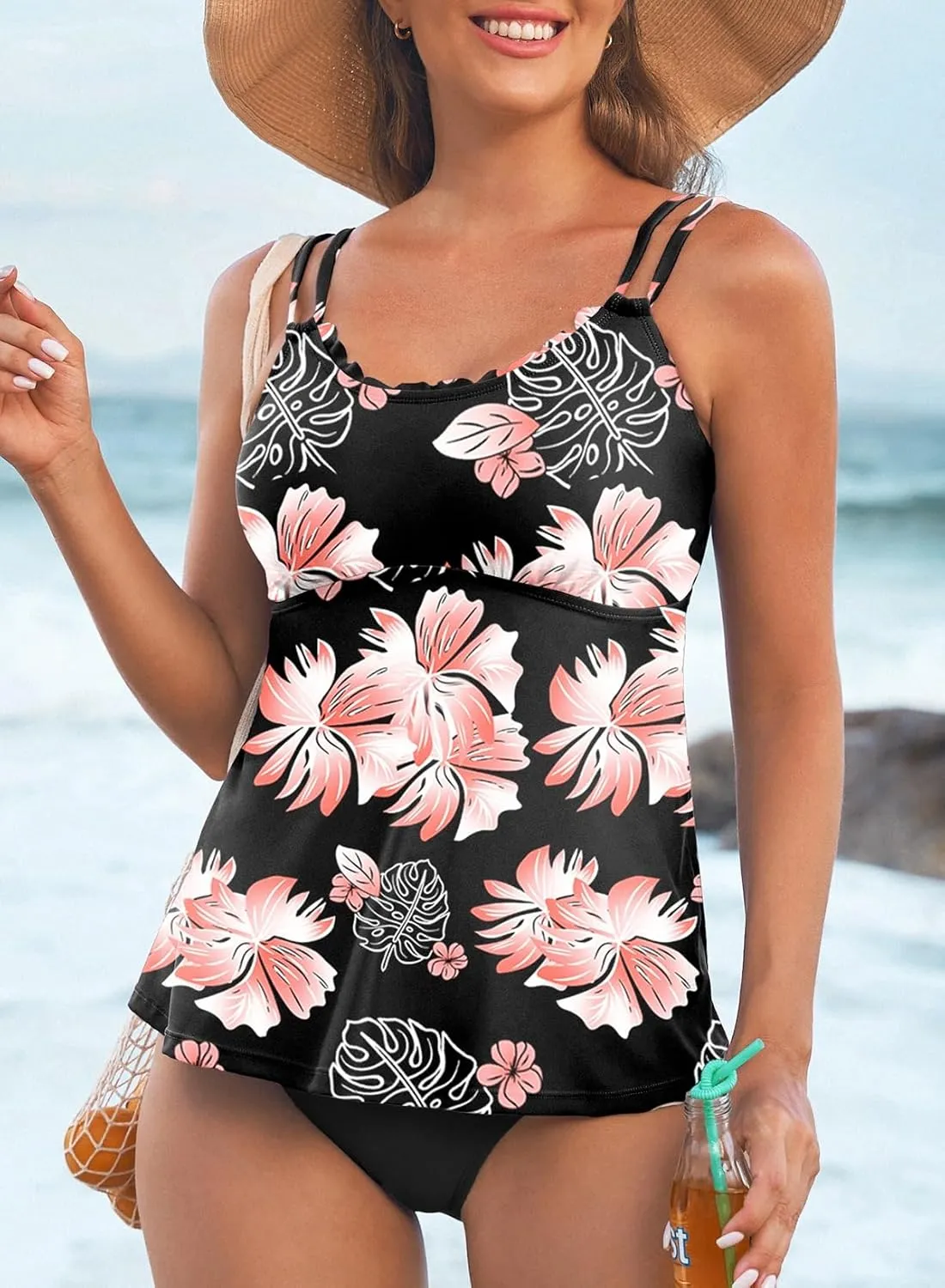 Aleumdr Women's Tankini Bathing Suit 2 Piece Tummy Control Swimsuit Scallop Trim Tankini Top with Bottom