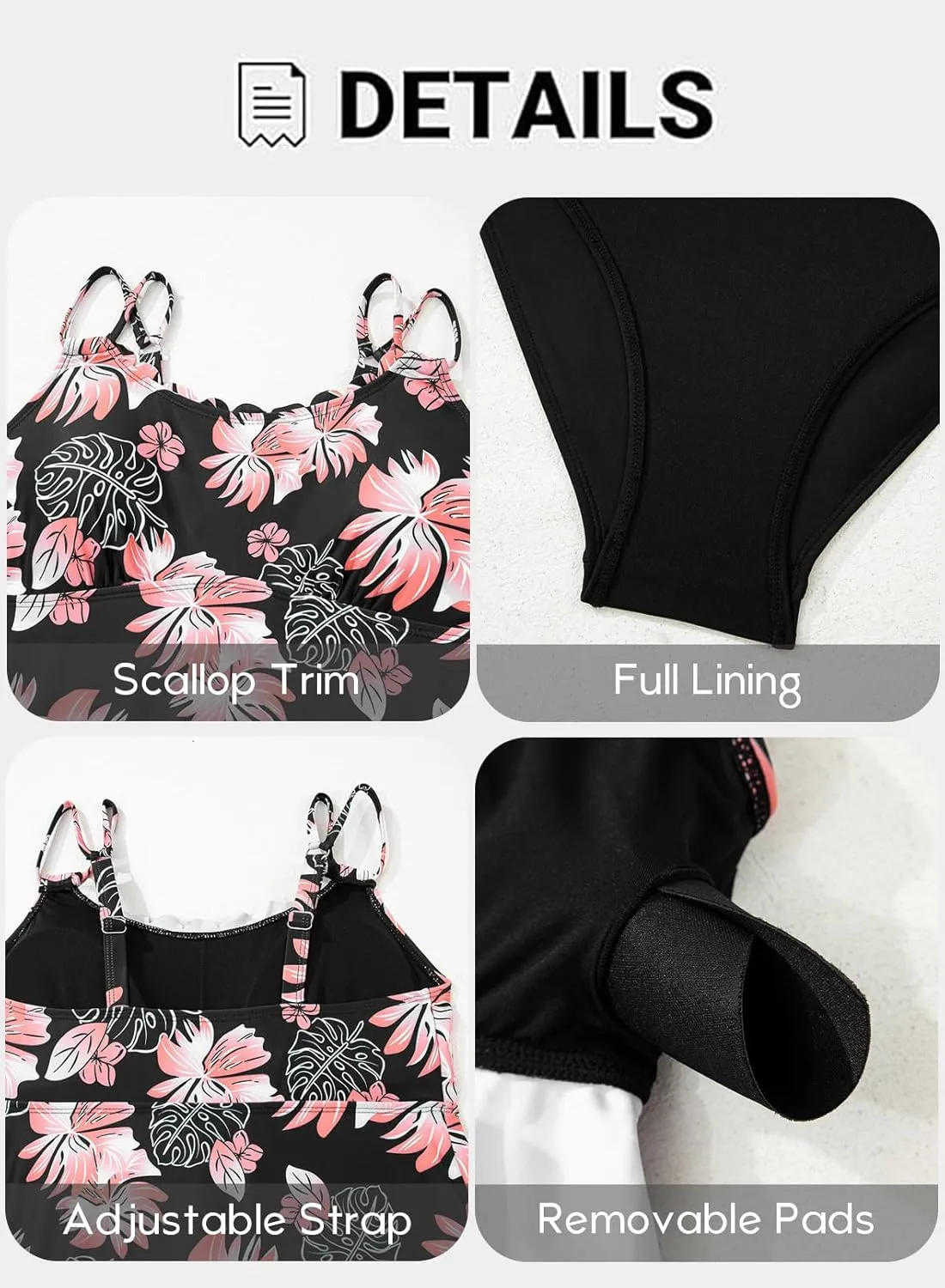 Aleumdr Women's Tankini Bathing Suit 2 Piece Tummy Control Swimsuit Scallop Trim Tankini Top with Bottom