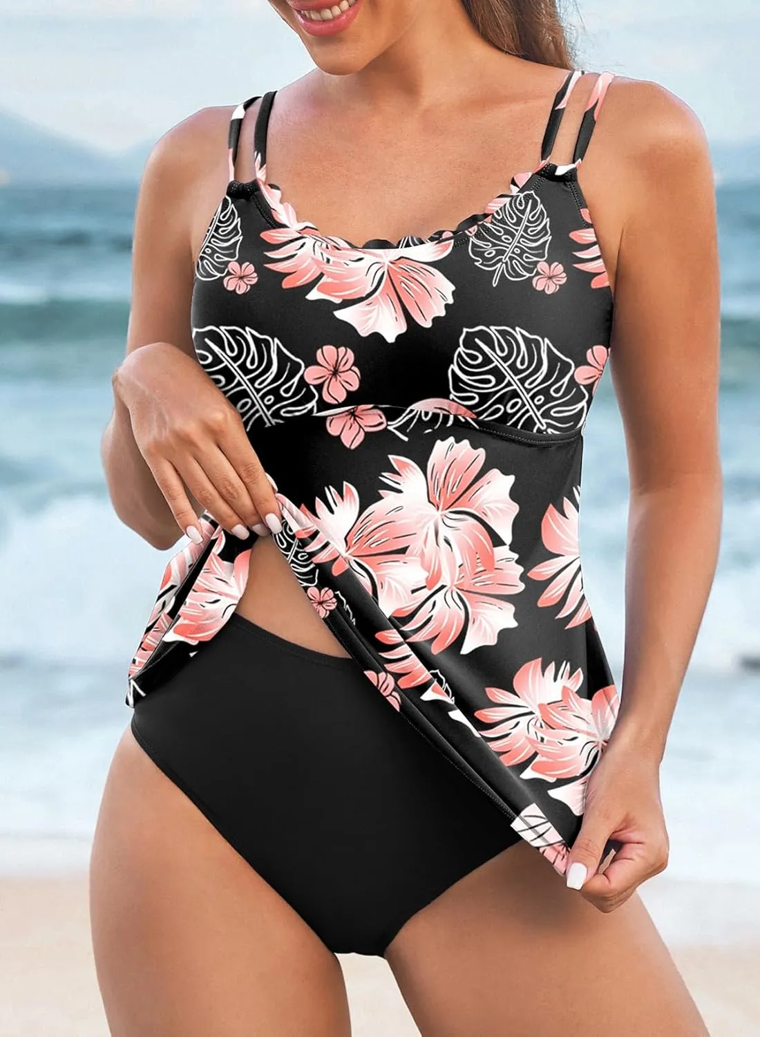 Aleumdr Women's Tankini Bathing Suit 2 Piece Tummy Control Swimsuit Scallop Trim Tankini Top with Bottom